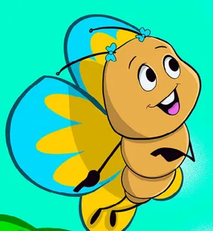 Addy the butterfly, blue and yellow wings with blue bows, flying happily.