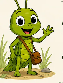 Buddy the grasshopper, green with a satchel, waving hello.
