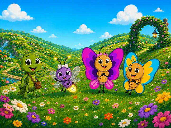 Sissy, Addy, Buddy the grasshopper, and Flitter the firefly together in a sunny flowery meadow.