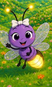 Flitter the firefly, purple with a white bow and a glowing tail.