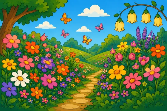 A bright garden full of big flowers and butterflies.