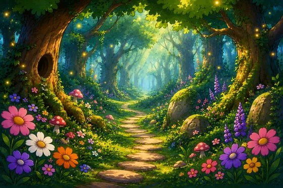 A magical forest path lit with glowing lanterns.