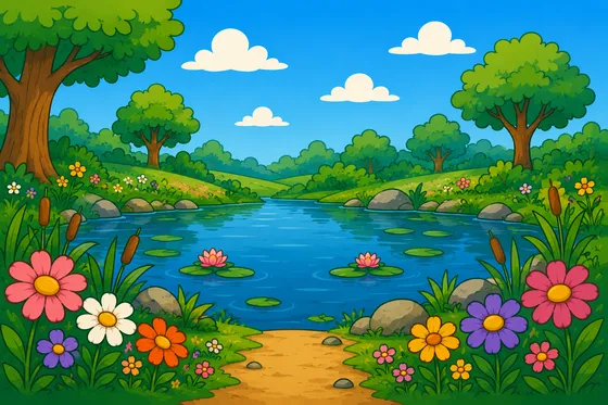 A calm blue pond dotted with lily pads.