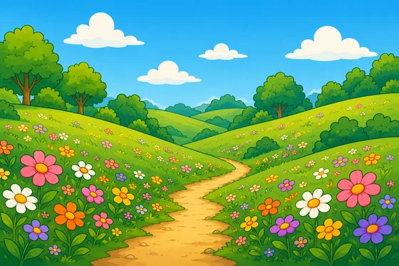 A sunny green meadow with a winding path and wildflowers.
