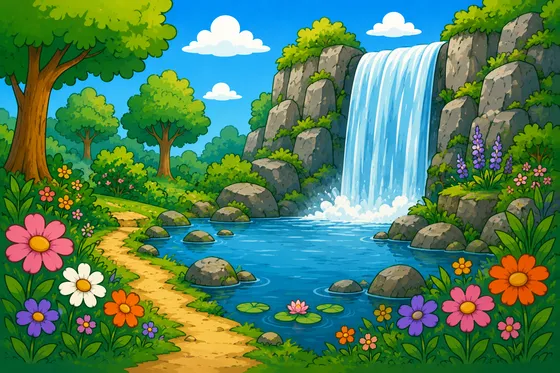 A little waterfall tumbling over mossy rocks.