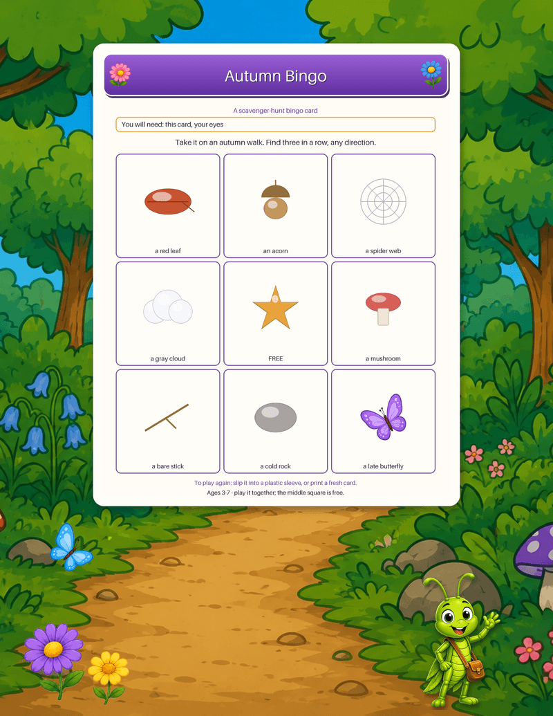 A three-by-three autumn bingo card of things to find outside - a red leaf, an acorn, a spider web, a gray cloud, a mushroom, a bare stick, a cold rock, and a late butterfly.