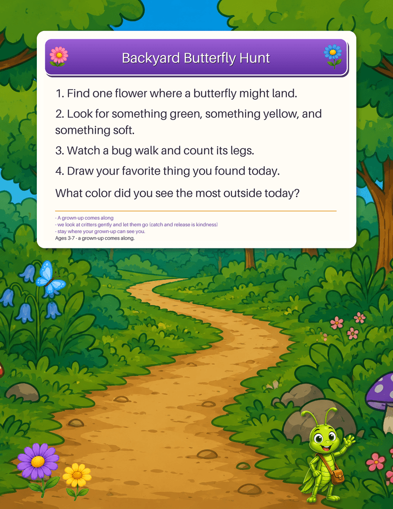 An outdoor adventure card: a gentle backyard scavenger hunt with a look-closely wonder prompt.