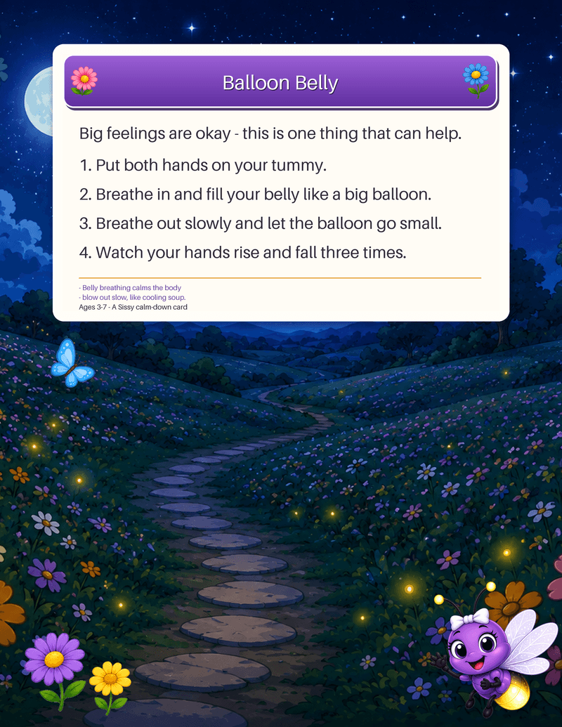 A social-emotional calm-down card teaching slow belly breathing - fill your tummy like a balloon.