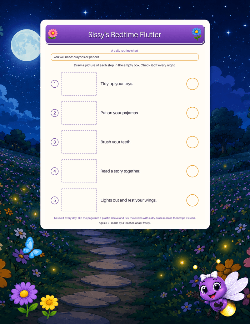 A bedtime routine chart with five numbered rows, each with a blank box to draw the step in and a circle to check off.