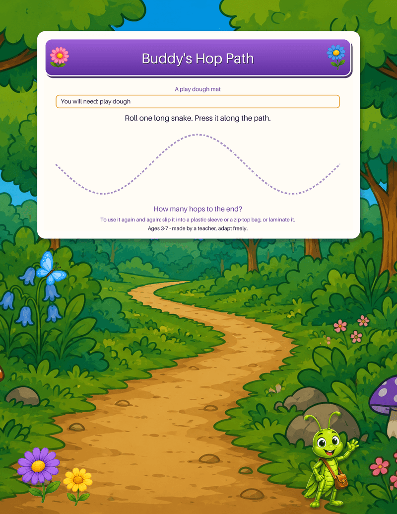 A play dough mat with a long dashed wavy path to press a rolled dough snake along.