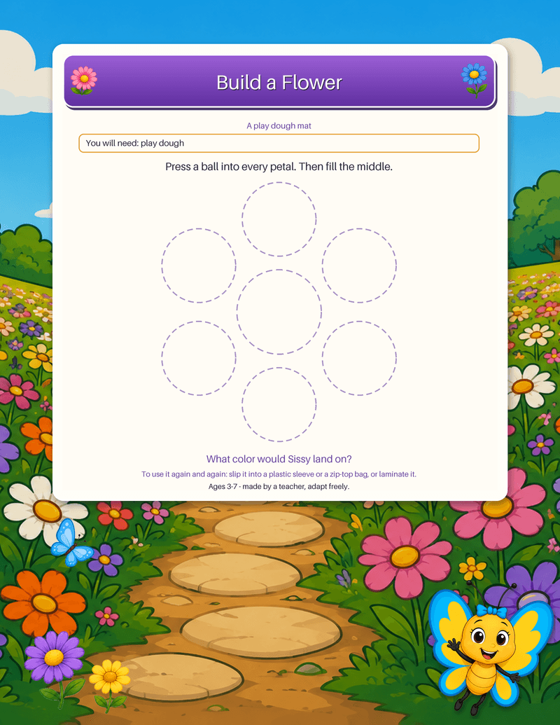 A play dough mat with six dashed petal circles around a dashed center to fill with dough.