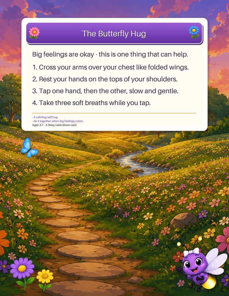 A social-emotional calm-down card teaching the butterfly hug - a gentle self-hug for big feelings.