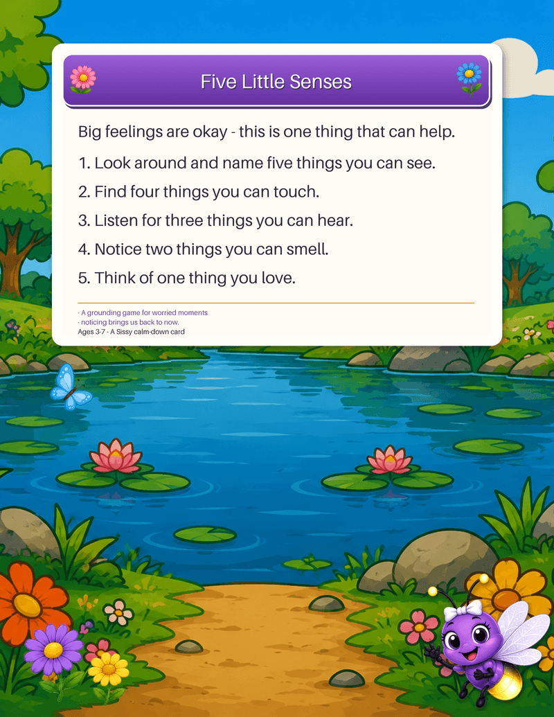 A social-emotional grounding card: notice five things you see, four you touch, and more.