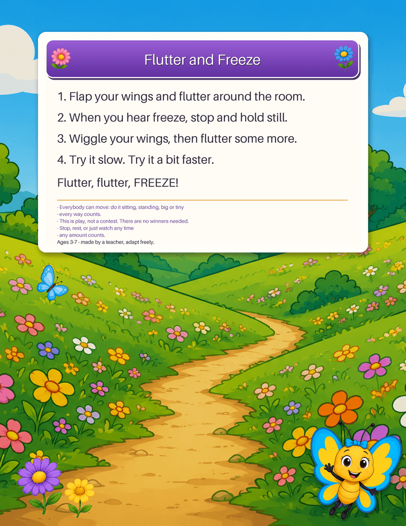 An active-play movement card: flutter like a butterfly, then freeze - inclusive, no competition, feet-on-the-floor.