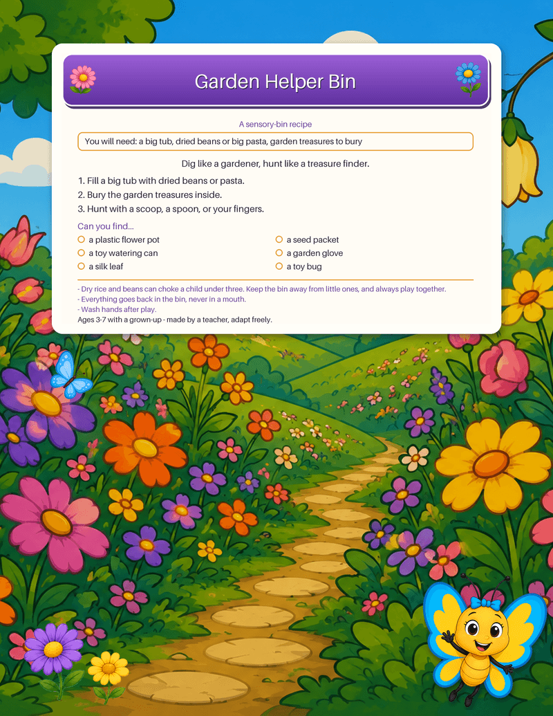 A garden-themed sensory-bin recipe card: fill a tub with dried beans, bury garden treasures, and hunt with a scoop - with a can-you-find list and a safety note.