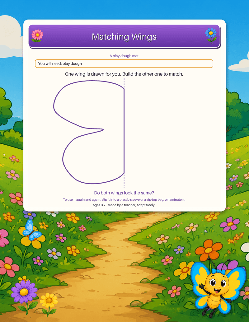 A play dough symmetry mat: one butterfly wing is drawn, the other side is blank to build and match.