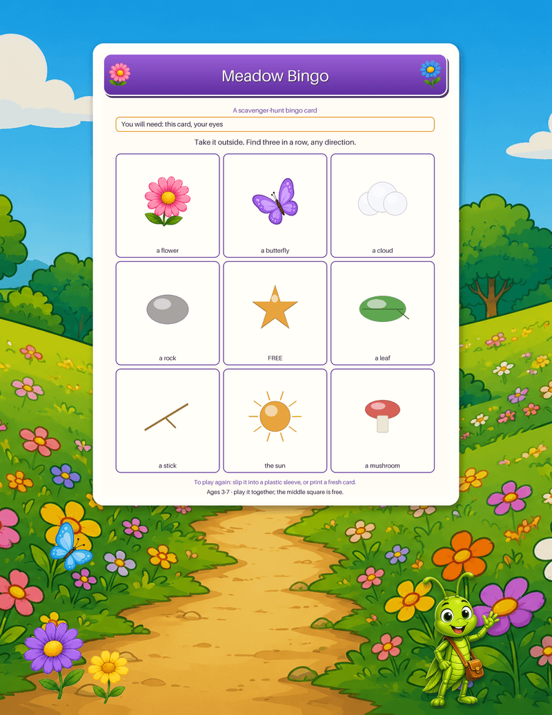 A three-by-three bingo card of things to find outside - a flower, a butterfly, a cloud, a rock, a leaf, a stick, the sun, and a mushroom - with a free centre square.