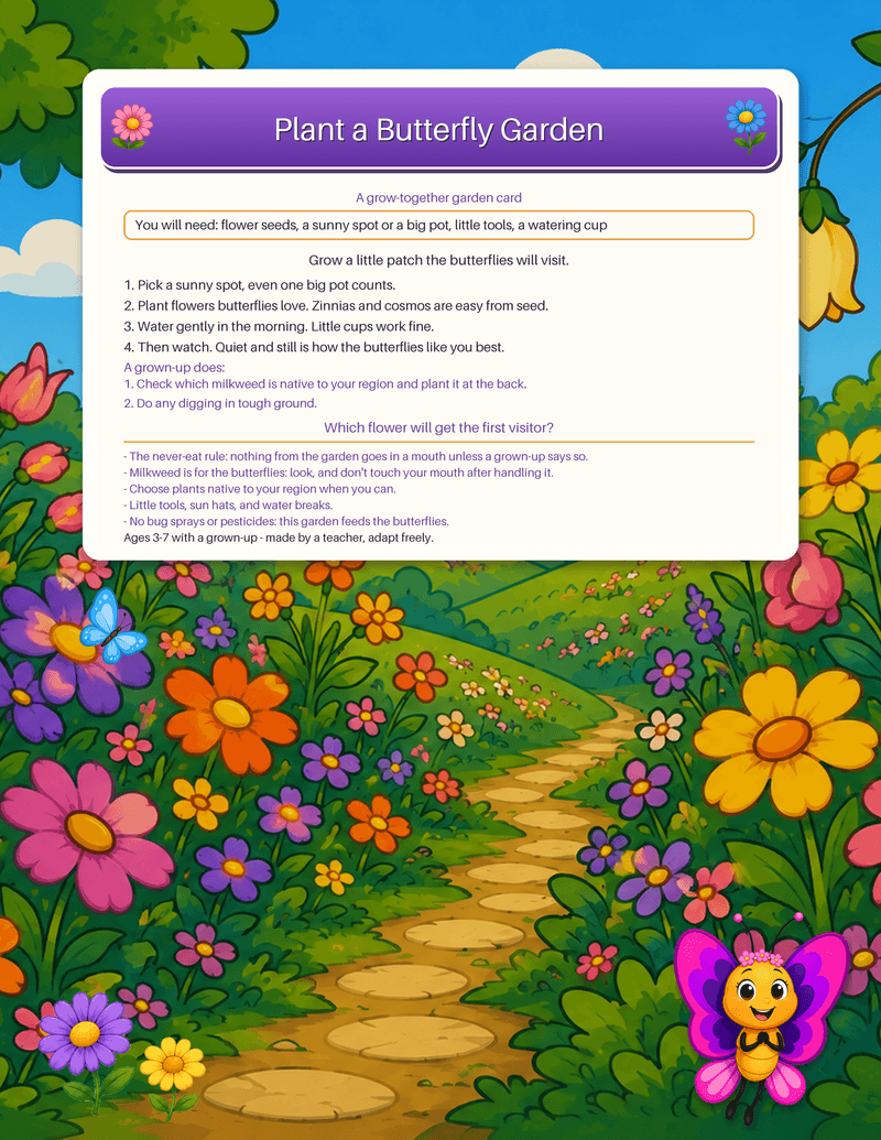 A grow-together garden card: pick a sunny spot, plant zinnias and cosmos, water gently, and watch quietly - with the full garden safety notes.
