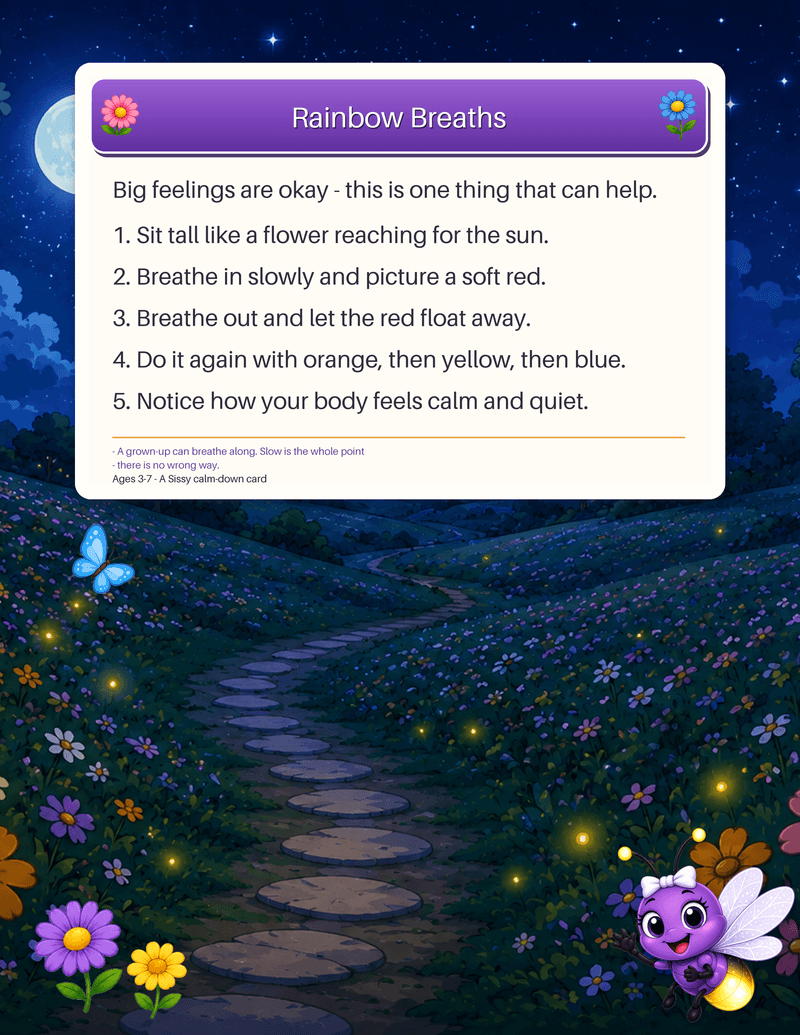 A social-emotional calm-down card with five gentle rainbow breathing steps for big feelings.