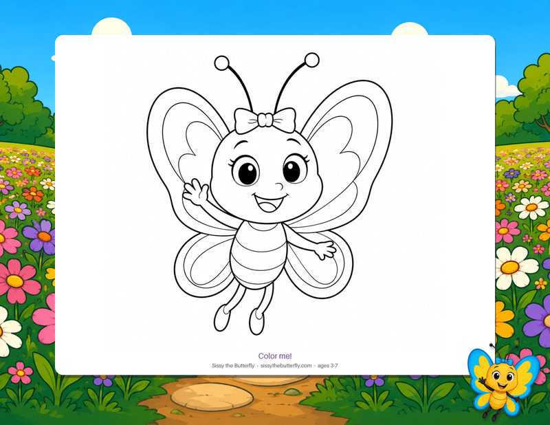 Addy the butterfly with her bow, waving hello, drawn as bold outlines to color in.