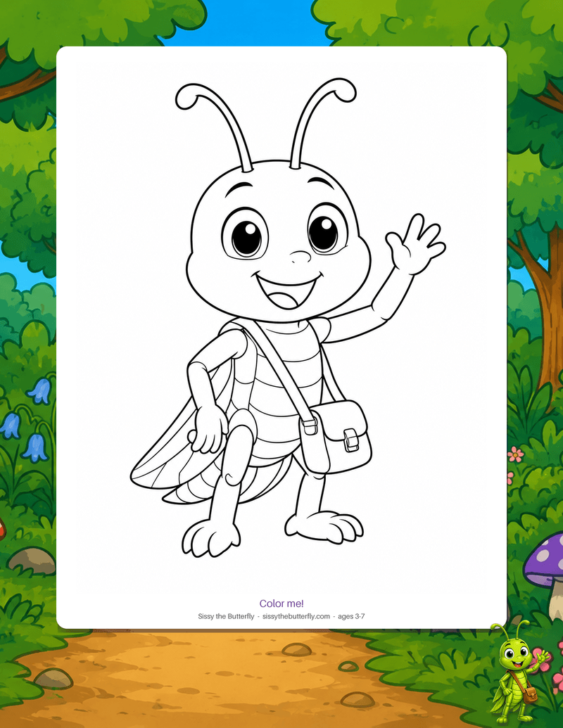 Buddy the grasshopper with his satchel, waving hello, drawn as bold outlines to color in.