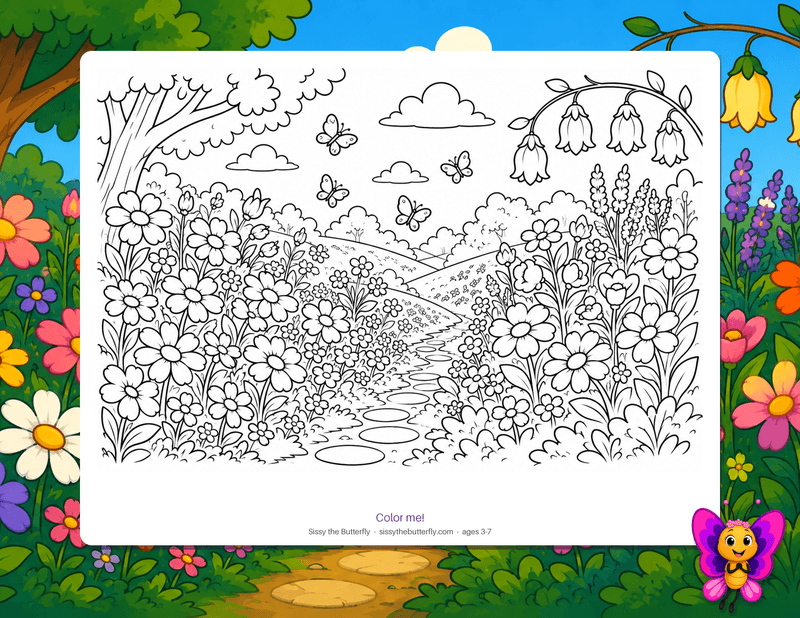 A flower garden full of big blooms, bell flowers, and fluttering butterflies under a cloudy sky, drawn as bold outlines to color in.