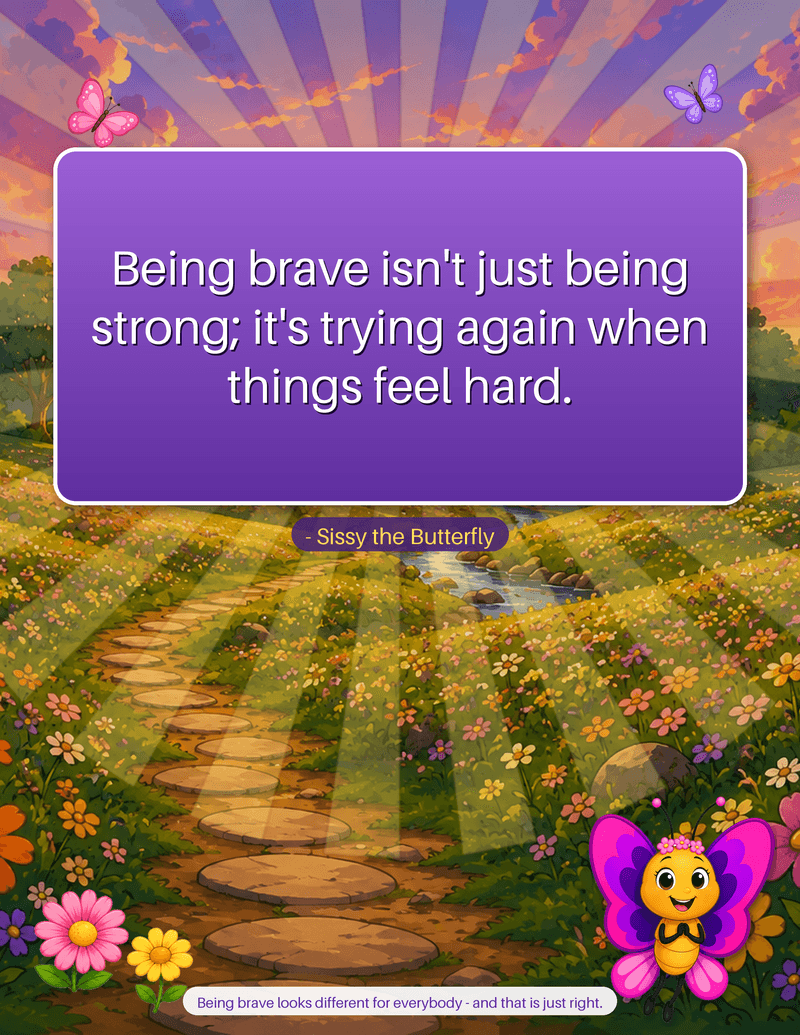 A printable poster with a gentle courage quote from Sissy the Butterfly for a child's wall.