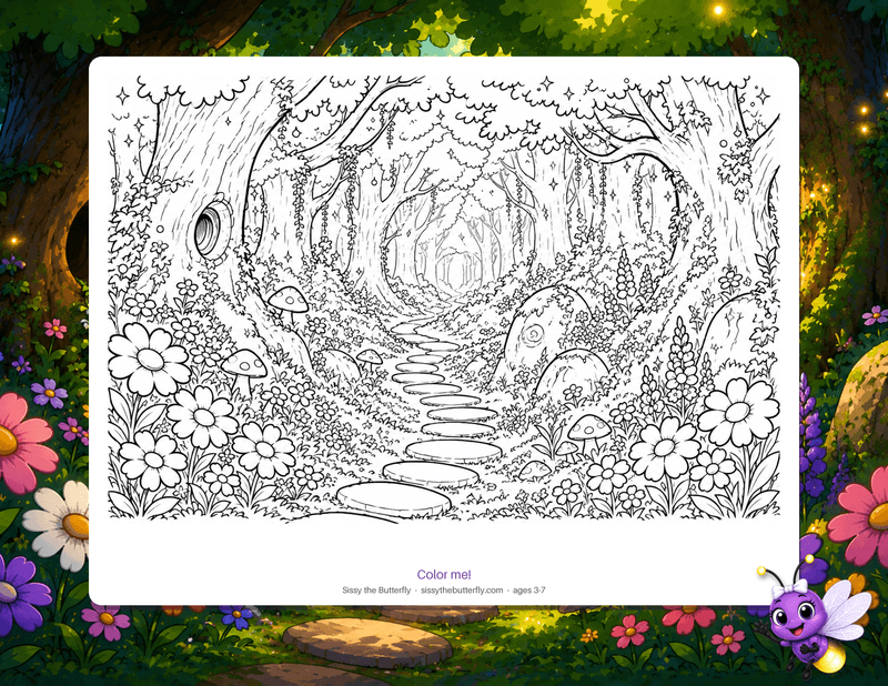 A magical forest path winding under tall trees with vines, mushrooms, sparkles, and flowers, drawn as bold outlines to color in.