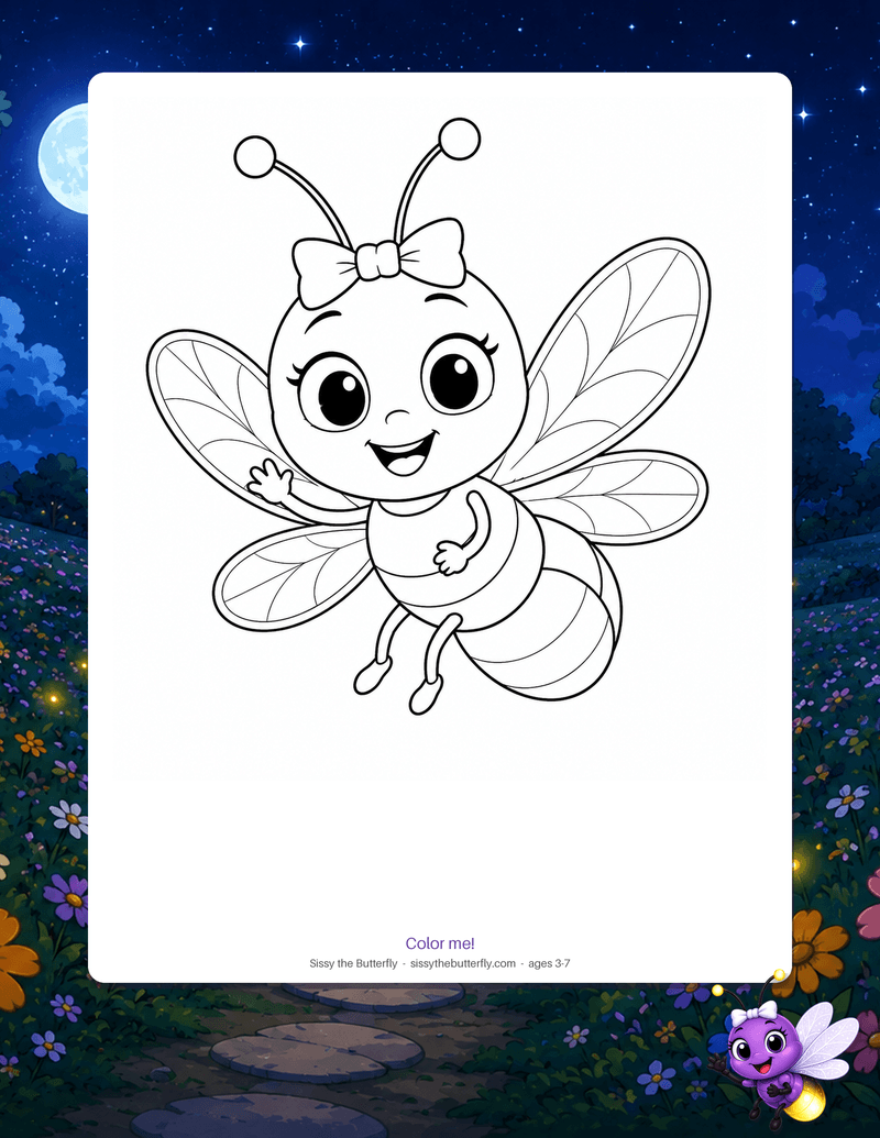Flitter the firefly with her bow, waving, drawn as bold outlines to color in.