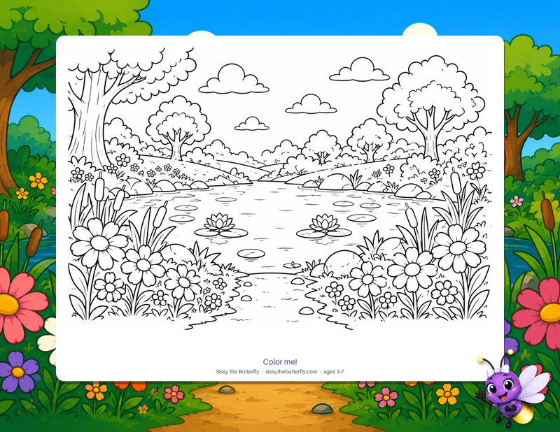 A calm pond with lily pads, lotus flowers, cattails, and trees, drawn as bold outlines to color in.