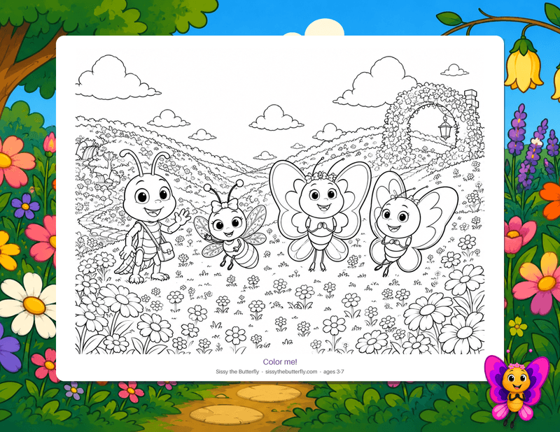 Sissy, Addy, Buddy, and Flitter together in a flower meadow with a flowered archway and clouds, drawn as bold outlines to color in.
