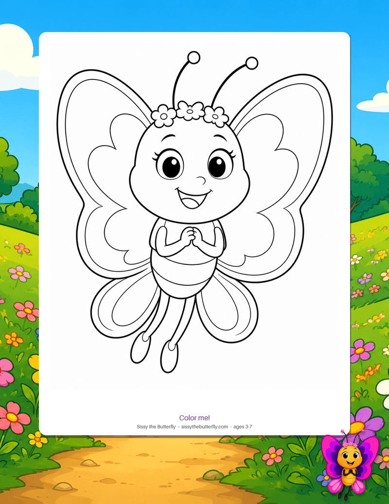 Sissy the butterfly with her flower crown, smiling, drawn as bold outlines to color in.
