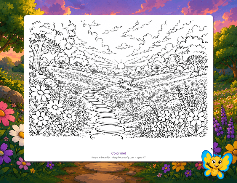 Rolling flowery hills with a stepping-stone path and the sun setting on the horizon, drawn as bold outlines to color in.