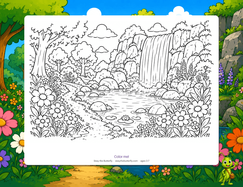 A waterfall tumbling over mossy rocks into a pond ringed with flowers and trees, drawn as bold outlines to color in.