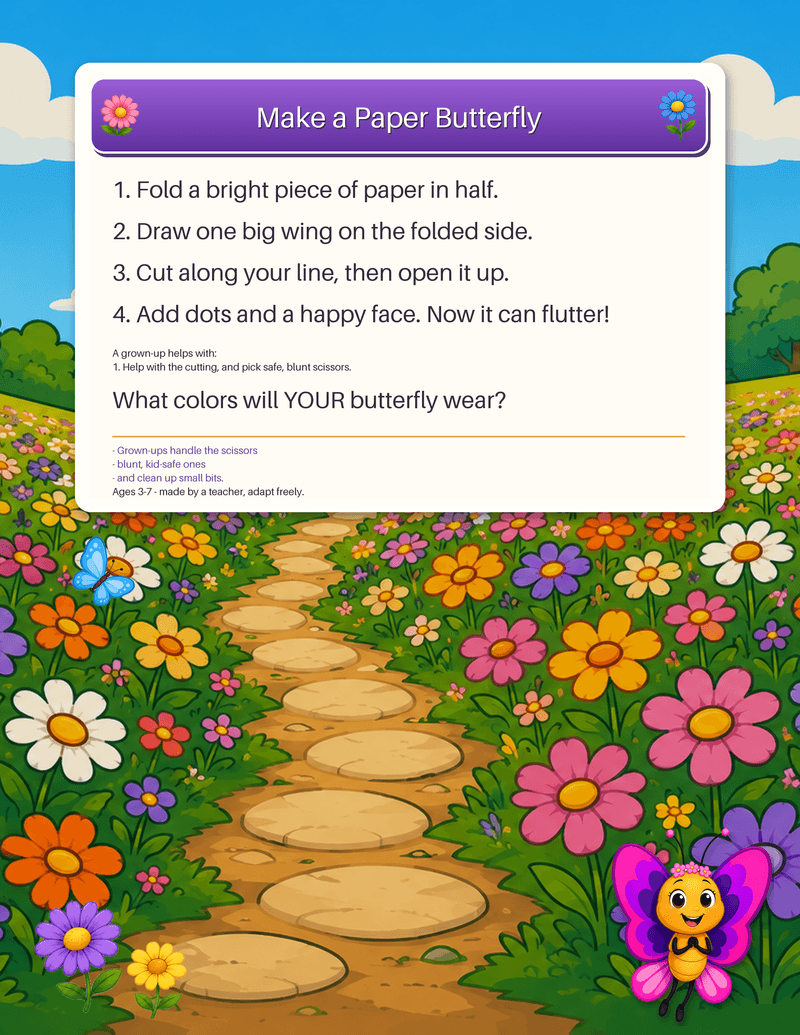A craft card with four steps to fold and cut a paper butterfly, plus a grown-up helper note and safety line.