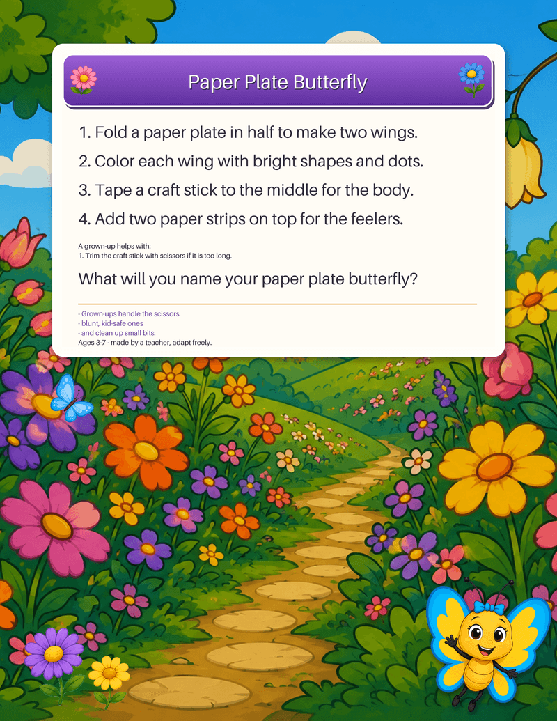 A craft card with steps to make a butterfly from a paper plate, plus a grown-up helper note and safety line.