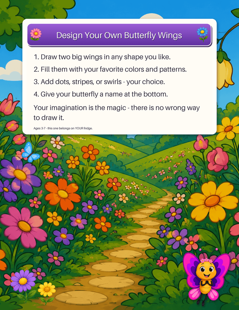 A make-your-own template inviting a child to design and name their own butterfly wings.