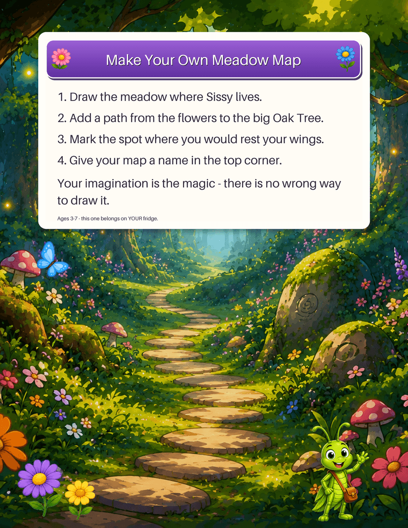 A make-your-own template inviting a child to draw and name their own map of the meadow.