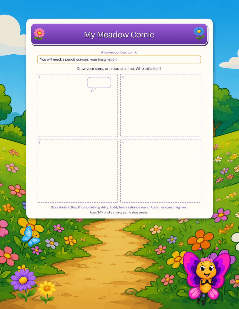 Four numbered empty comic panels with a blank speech bubble in the first panel, ready for a child to draw their own story.