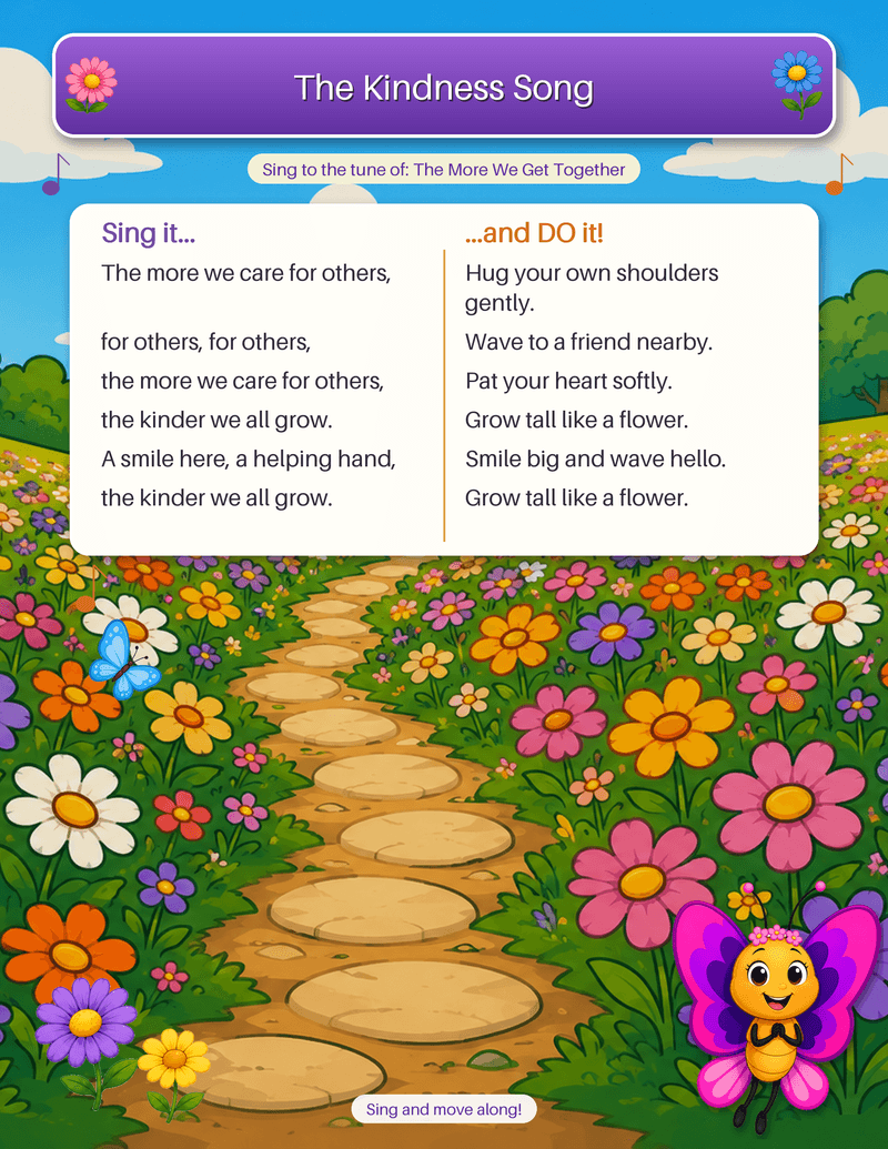 A sing-and-move lyric sheet set to The More We Get Together, teaching kindness, with an action for every line.