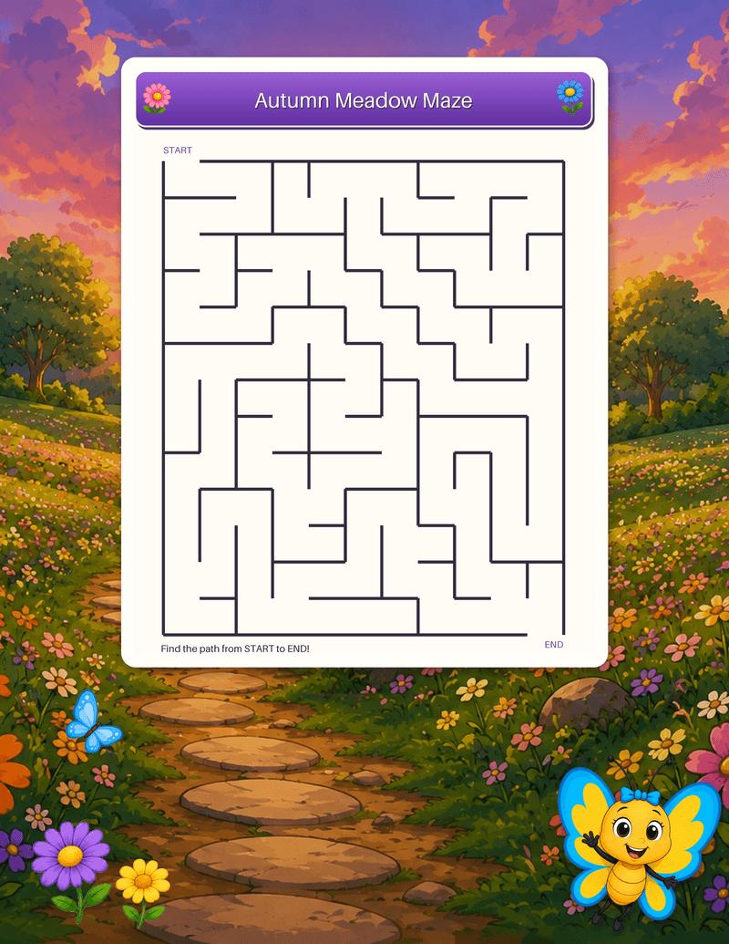 A seasonal autumn maze through the falling-leaves meadow, from START to END.