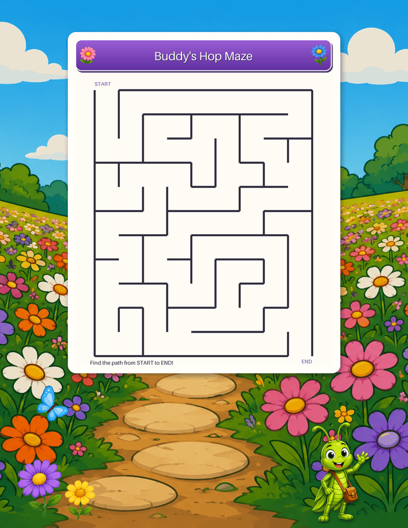 A medium printable maze: help Buddy hop his way along the winding path from START to END.