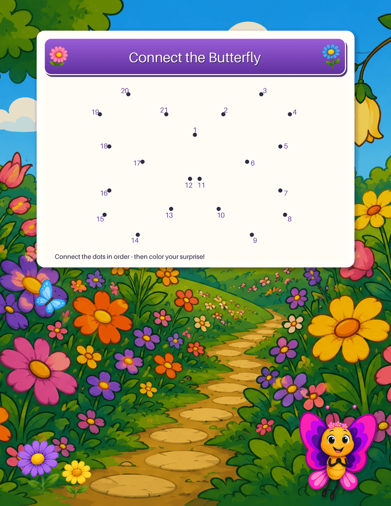 A connect-the-dots puzzle: numbered dots that draw a butterfly outline to color.