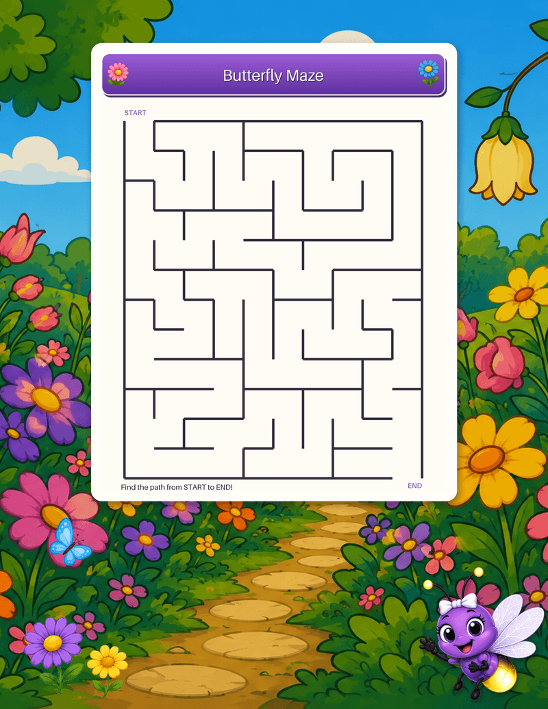 A printable maze with a winding path from START at the top to END at the bottom.