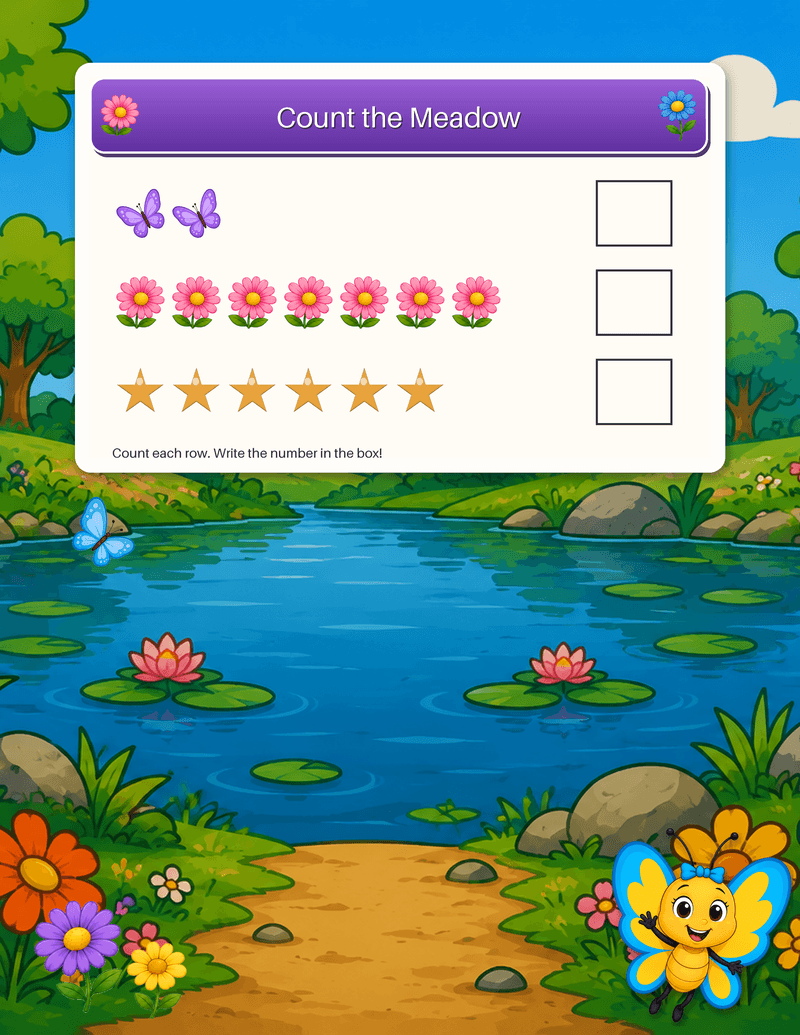 A counting worksheet with rows of butterflies, flowers, and stars to count and write.