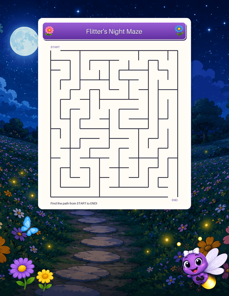 A challenge maze with many winding turns: light Flitter's way from START to END.