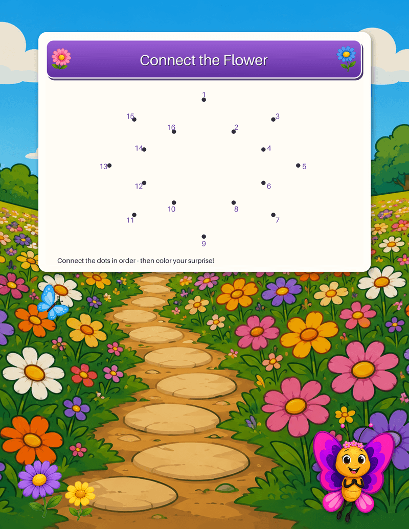 A connect-the-dots puzzle: numbered dots that draw a flower outline to color.