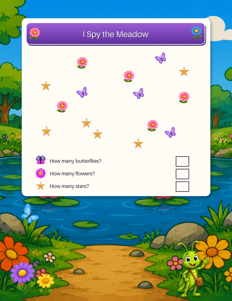 A count-and-find I-Spy scene: butterflies, flowers, and stars scattered across the meadow to count.