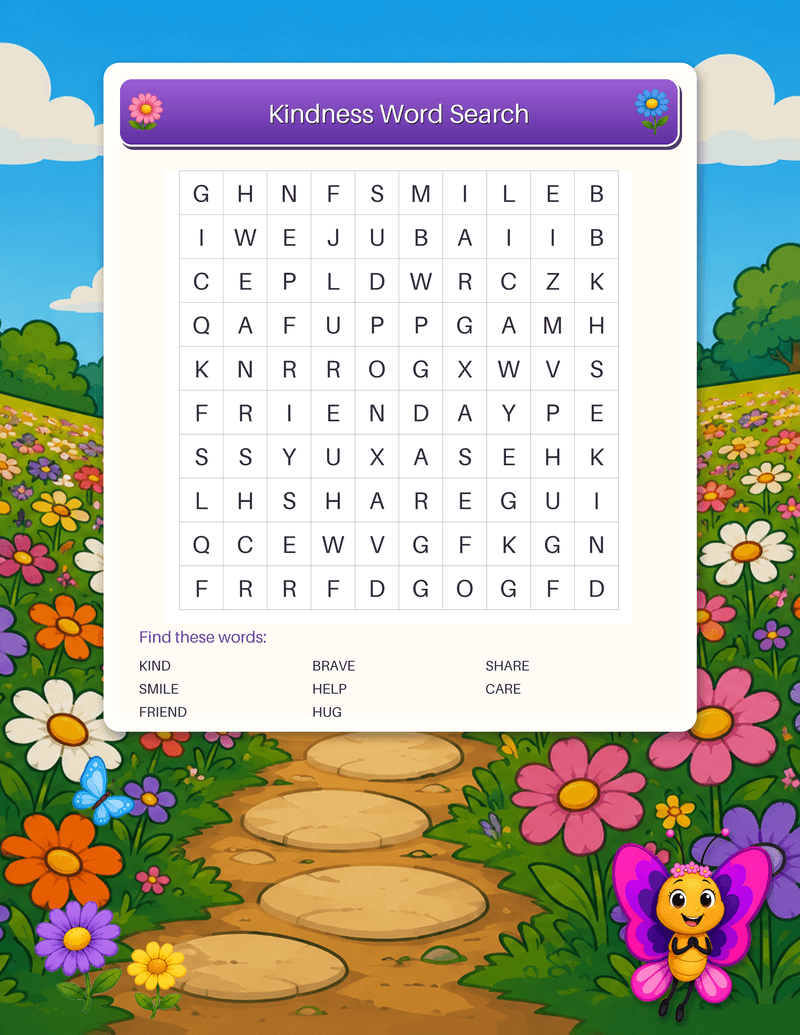 A ten-by-ten letter grid word search hiding kind words like brave, share, care, and friend.