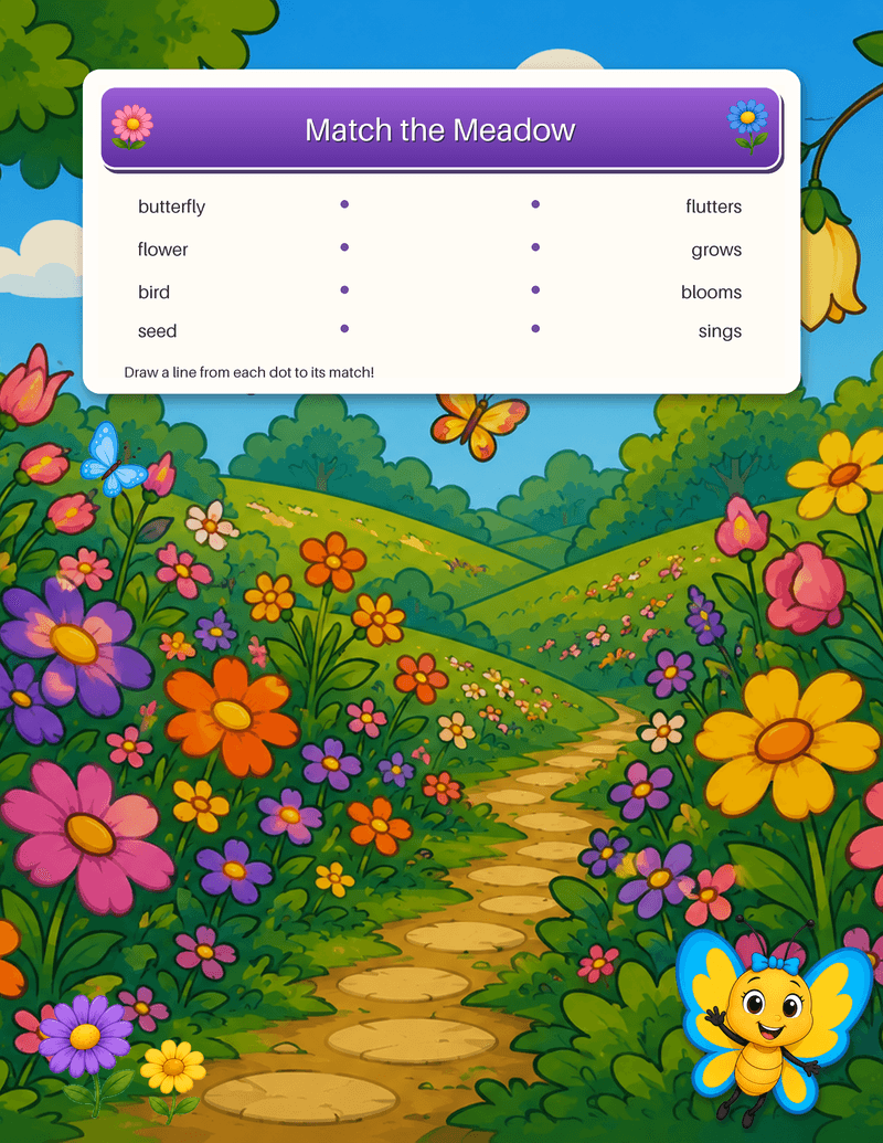 A draw-a-line matching worksheet pairing meadow things with what they do, like butterfly to flutters.